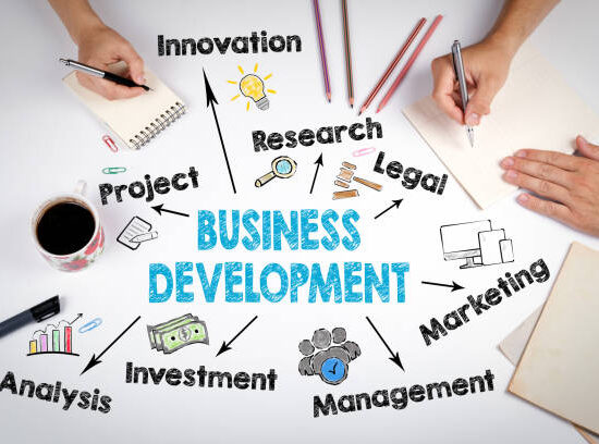Business Development Concept. Chart with keywords and icons on white background The meeting at the office table