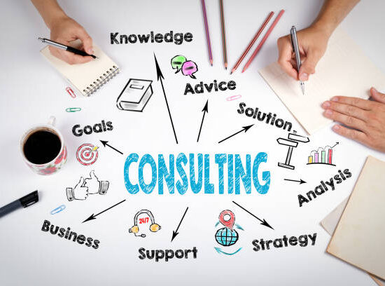 Consulting business concept. Chart with keywords and icons. The meeting at the white office table